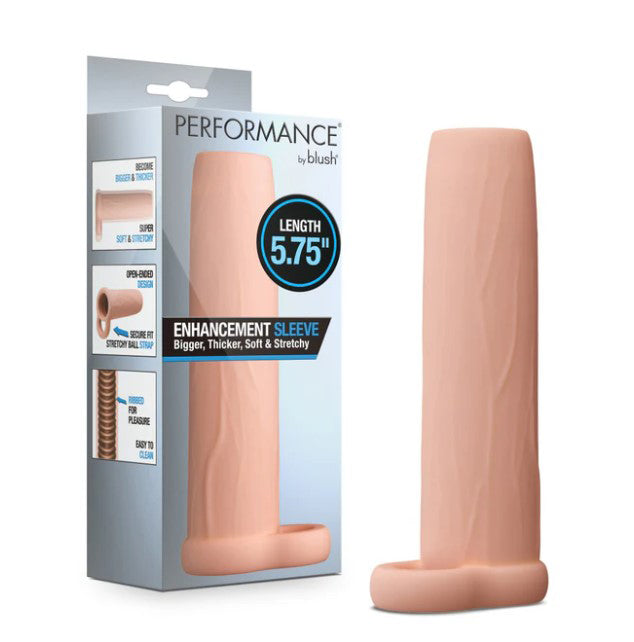 Performance 5.75 Inch Enhancement Penis Sleeve Beige in packaging, ribbed texture, soft and stretchy design.