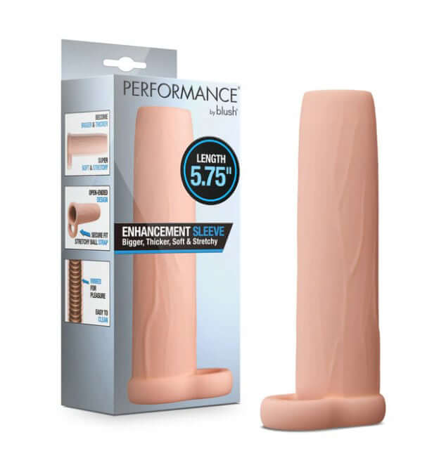 Performance 5.75 Inch Enhancement Penis Sleeve Beige in packaging, ribbed texture, soft and stretchy design.