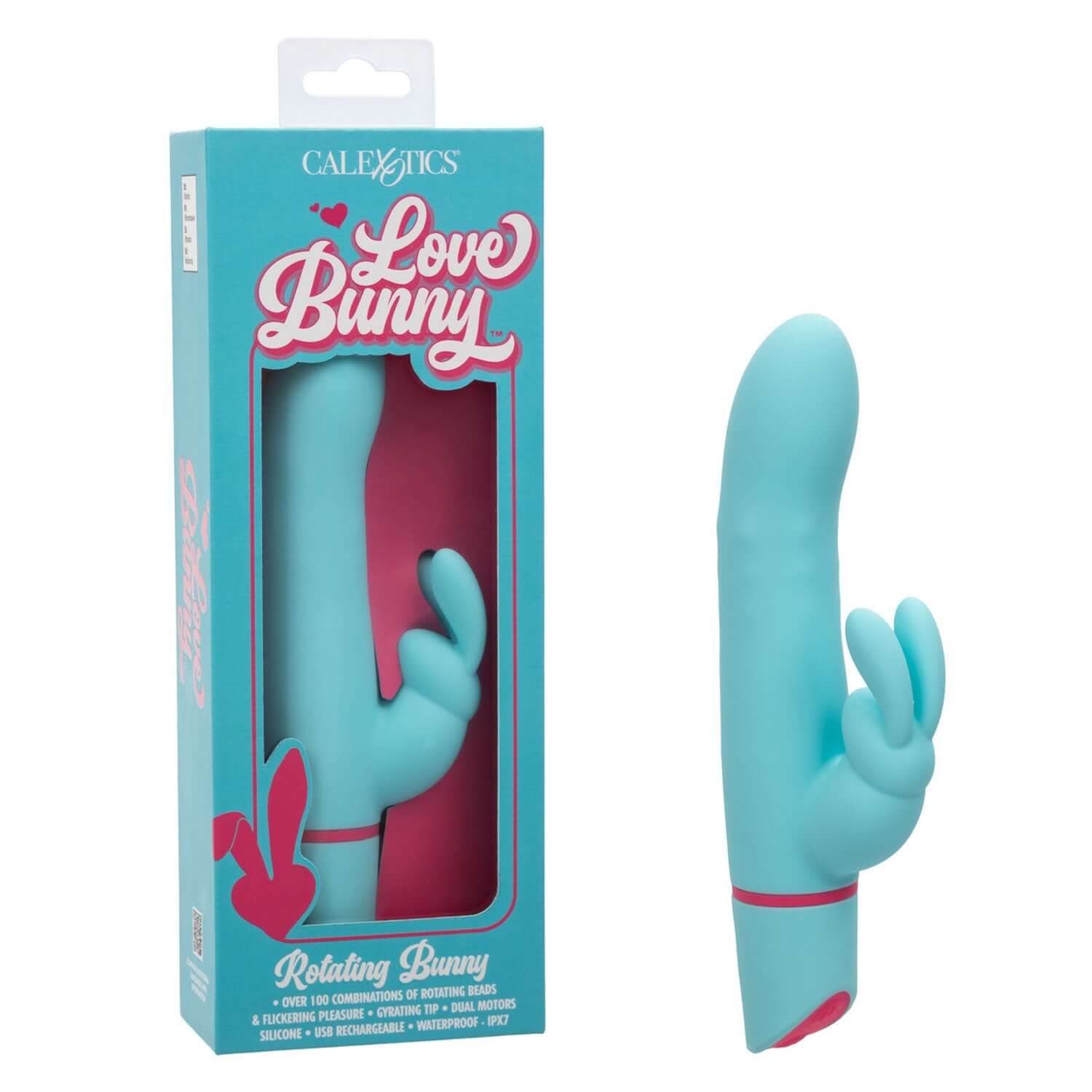 Love Bunny Rotating Bunny Massager in Blue with packaging showing dual stimulator design and rotating bead features.