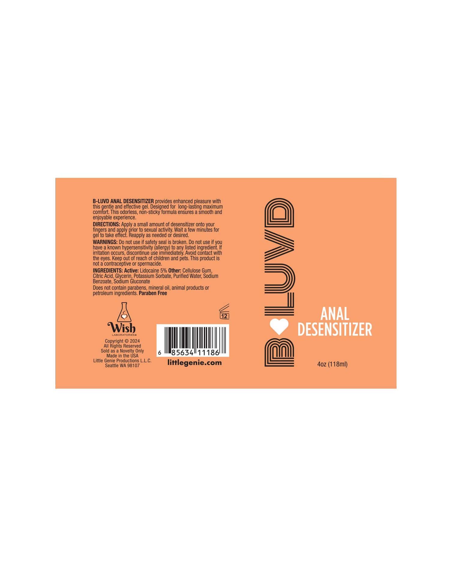 B-Luvd Anal Desensitizing Lubricant 4 Oz product packaging with instructions and ingredients listed.