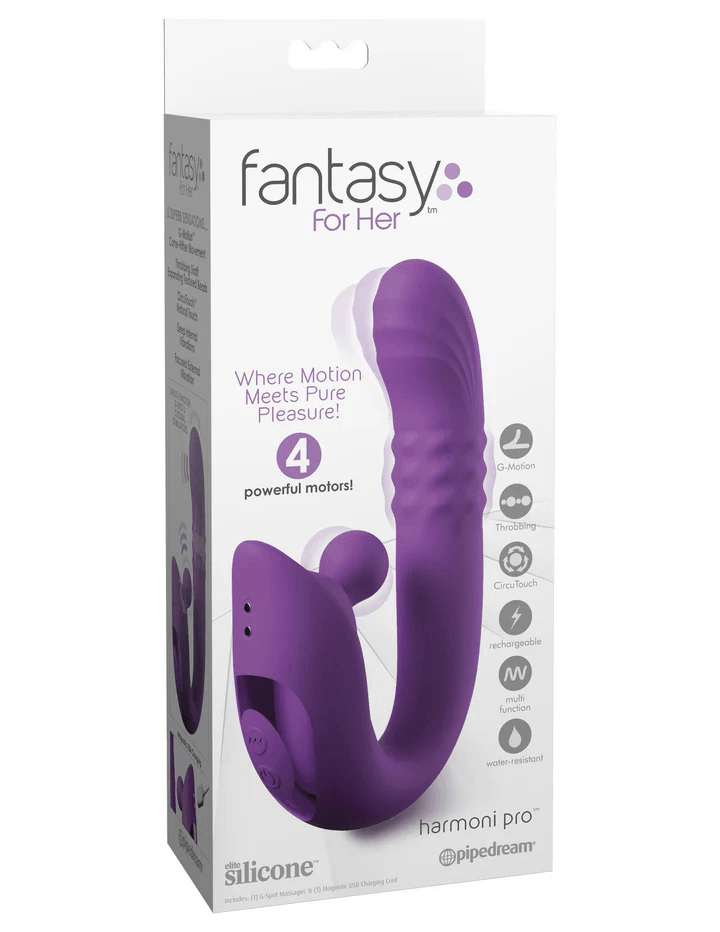 Fantasy for Her Harmoni Pro Vibrator Purple packaging showcasing its 4 powerful motors and innovative design.