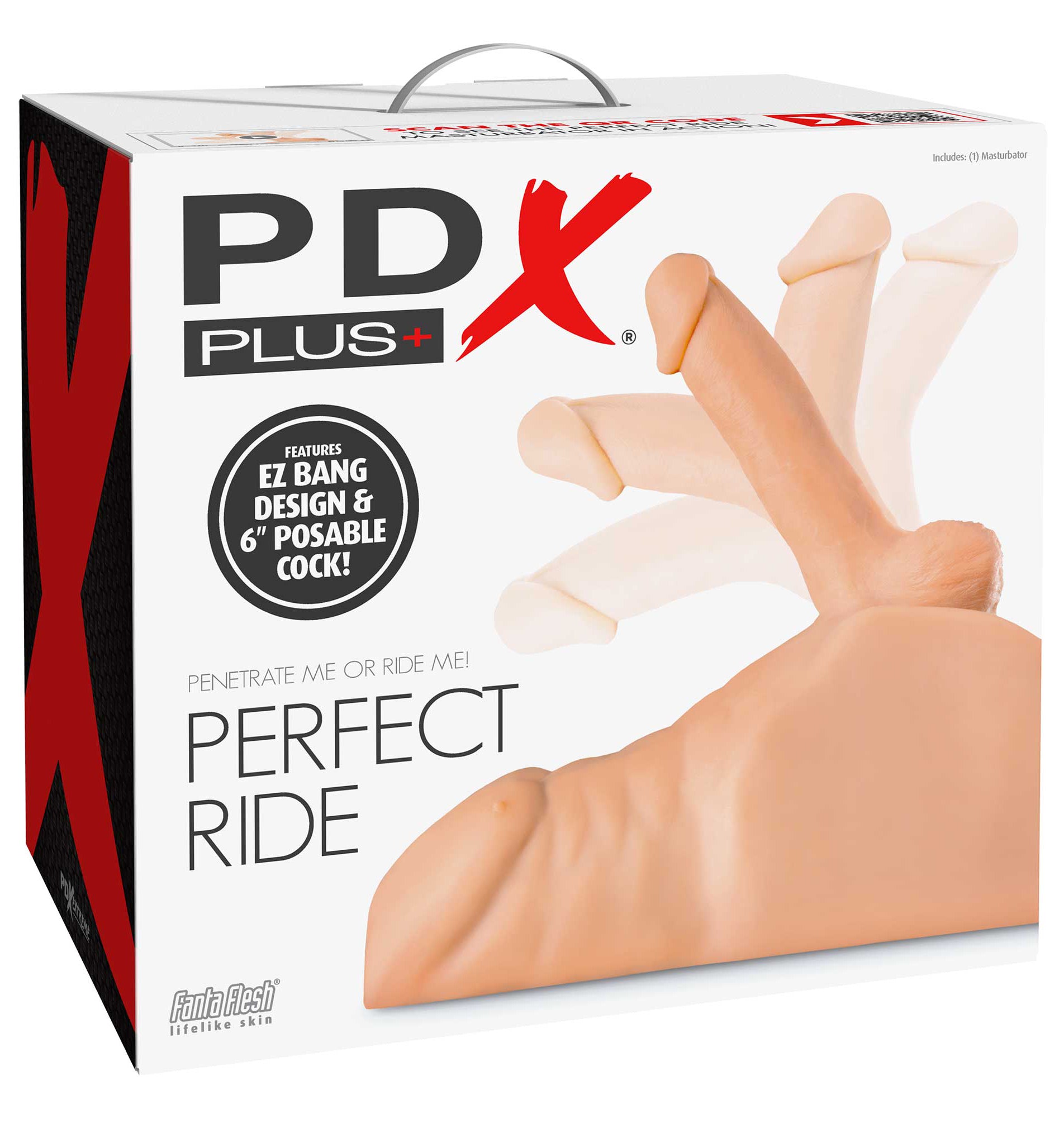 Pdx Extreme Plus Perfect Ride Masturbator Light packaging featuring EZ Bang design and poseable structure.