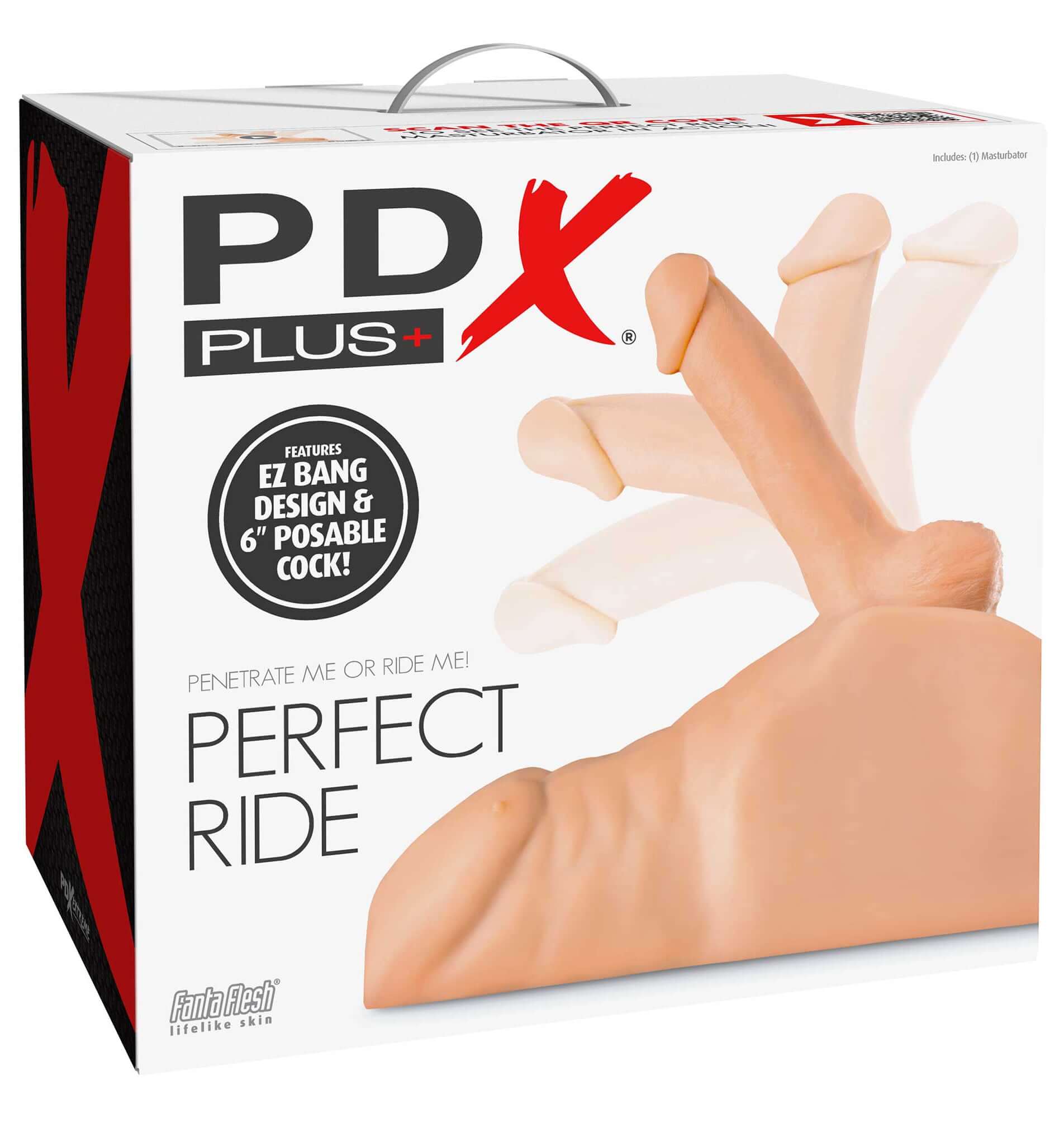 Pdx Extreme Plus Perfect Ride Masturbator Light packaging featuring EZ Bang design and poseable structure.