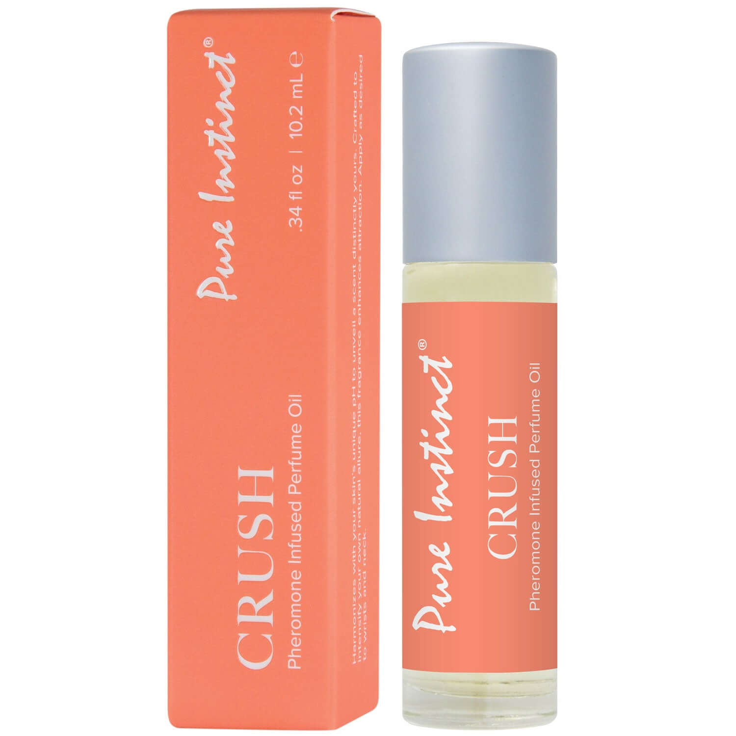 Pure Instinct Pheromone Perfume Oil Crush 10.2 ml bottle and packaging in orange.