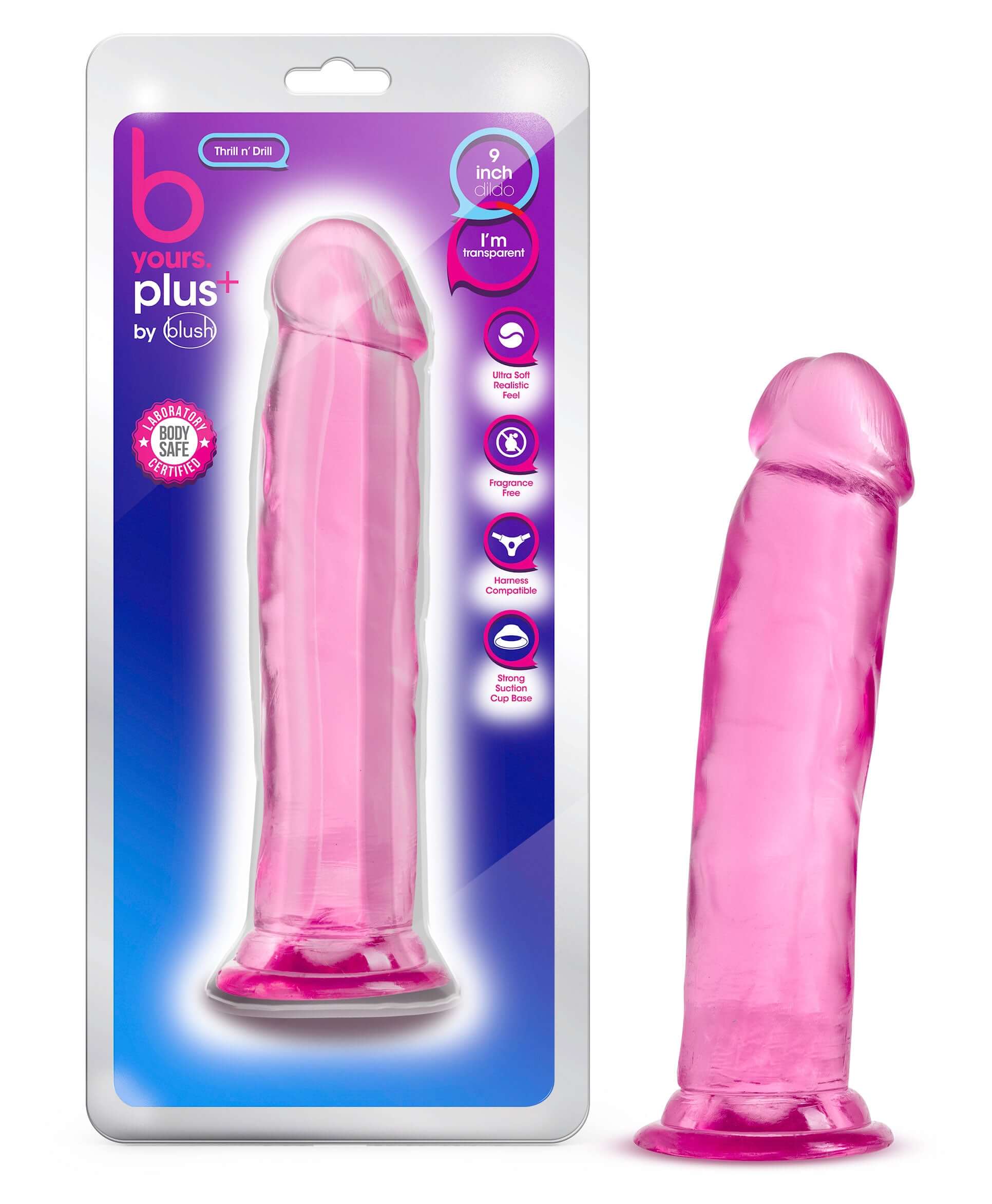 B Yours Plus Thrill n Drill Dildo Pink in packaging showcasing its soft realistic feel and durable design.