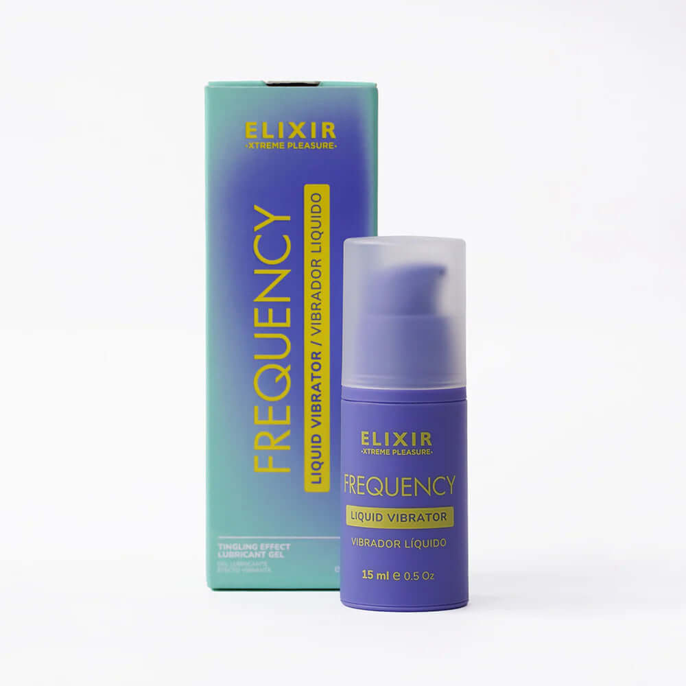 Elixir Frequency Liquid Vibrator 15 ml displayed in packaging for intimate stimulation and enhanced pleasure.
