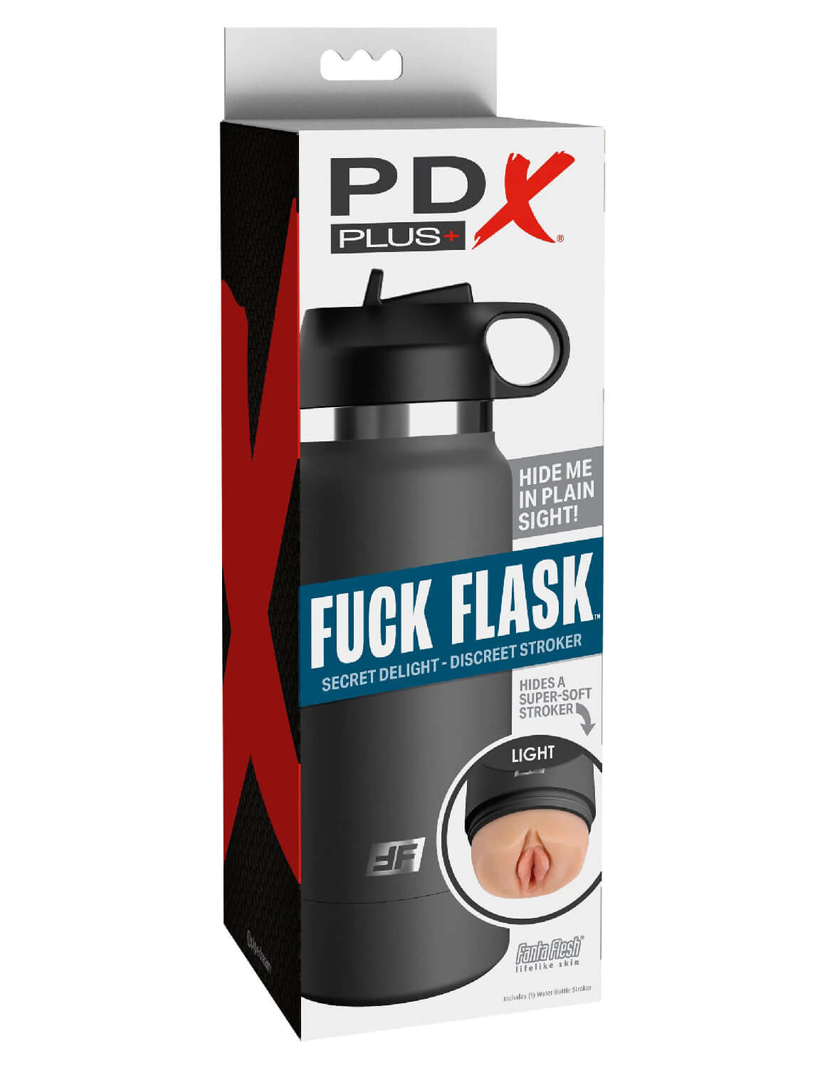 PDX Plus Fuck Flask - Discreet grey water bottle stroker in packaging - Secret Delight model for privacy and on-the-go use
