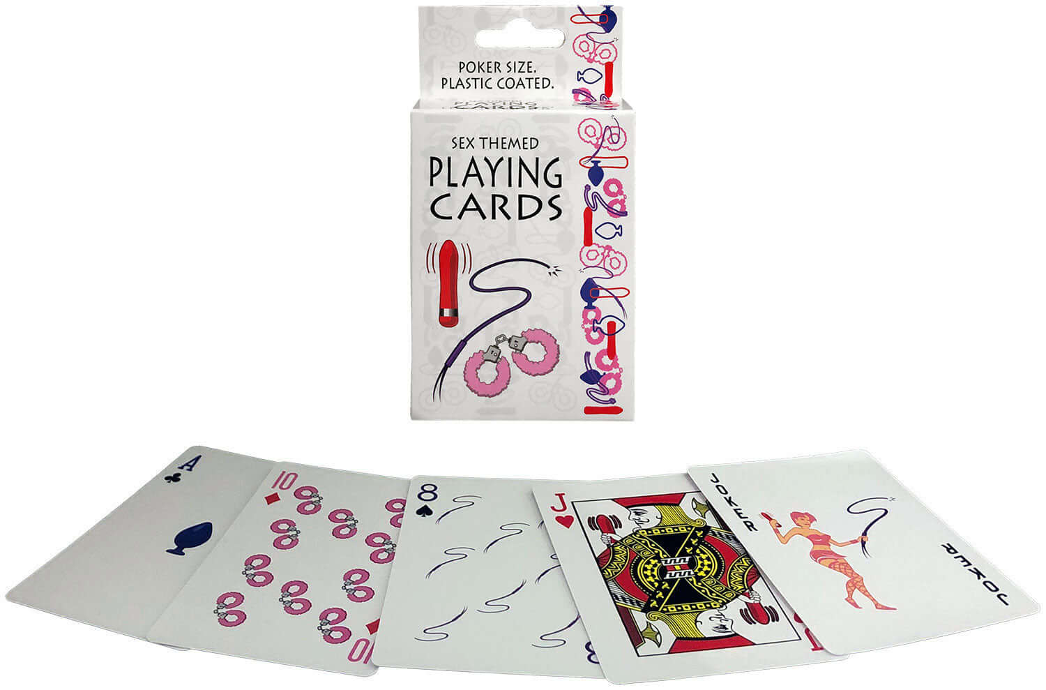 Sex themed playing cards with cocktail suits including butt plugs, vibrators, whips, and handcuffs laid out in fan display