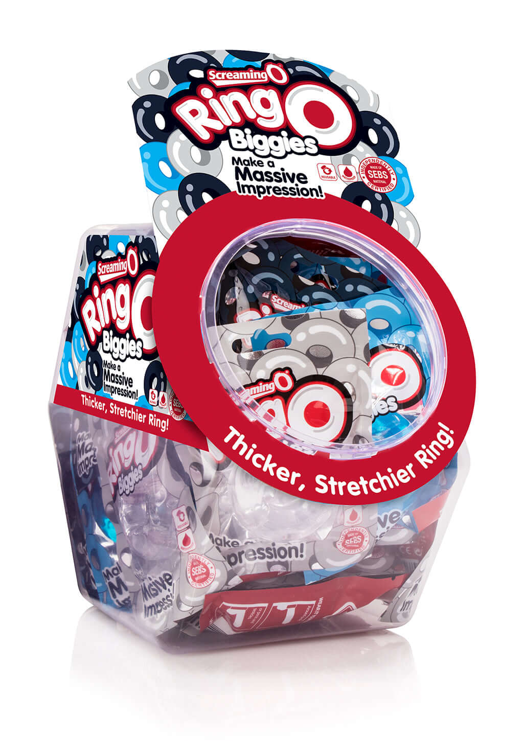 Ringo Biggies 36 Count Candy Bowl with Assorted Colors - Reusable SEBS Material, Waterproof Rings in Blue, Black, and Clear