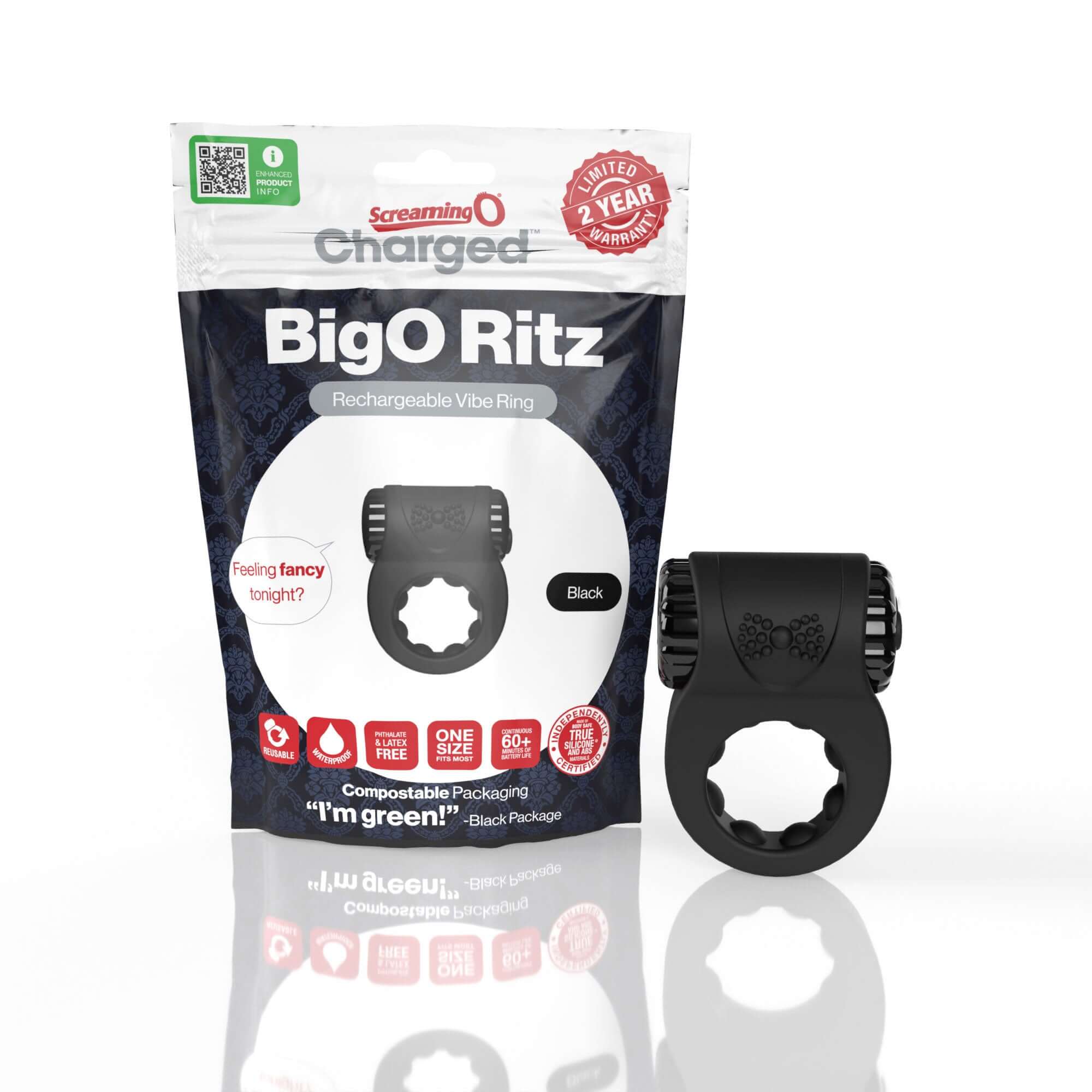 Screaming O Big O Ritz Rechargeable Vibe Ring Black packaging and product display on a white background.