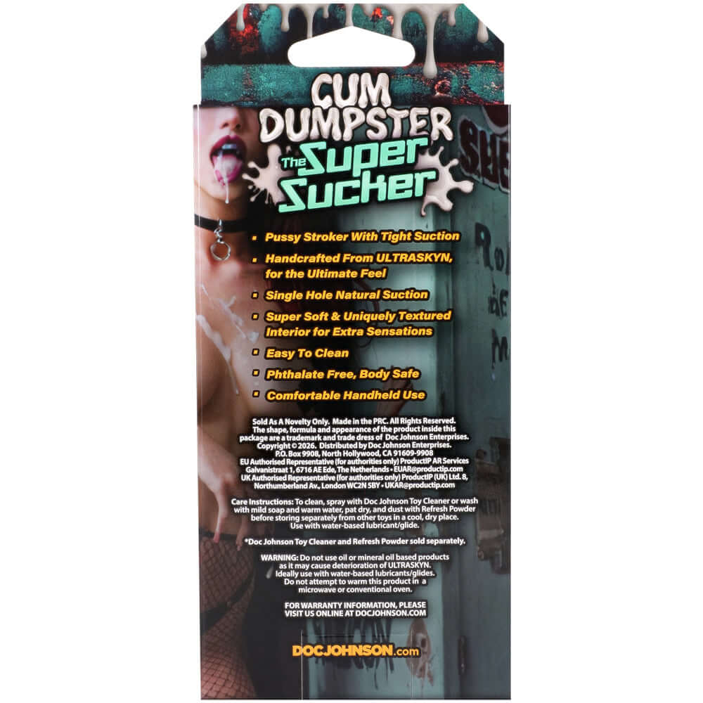 Packaging for Super Sucker Cum Dumpster Ultraskyn Masturbator with product features and information.