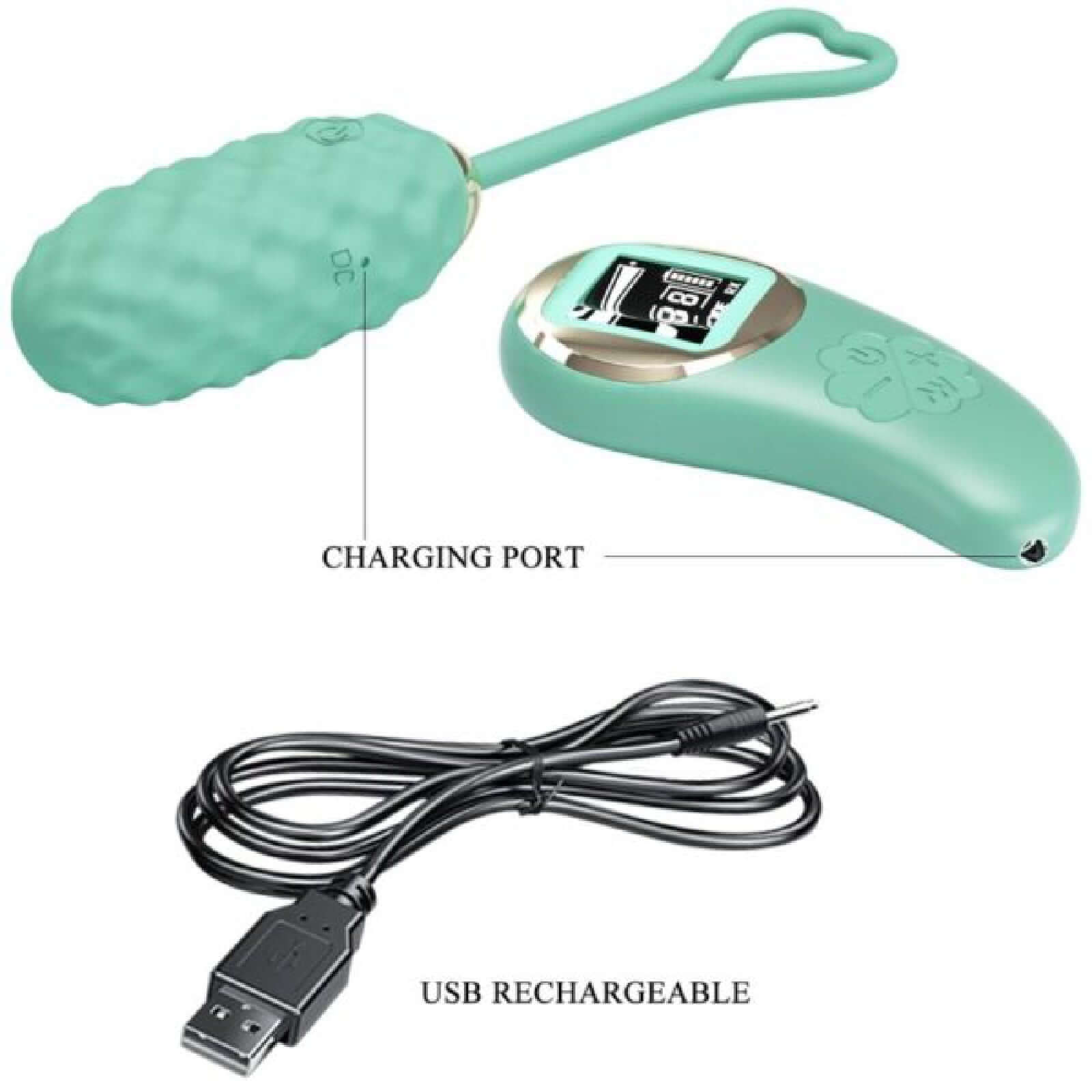 Vivian Remote Control Vibrating Egg in Turquoise with wireless remote and USB charging cable.