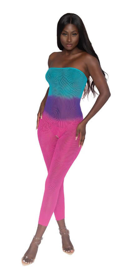 Model showcasing Dreamgirl Seamless Mesh Bodystocking OS Neon Rainbow with vibrant colors and a sleek fit.