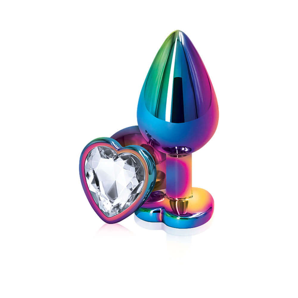 Rear Assets Multicolor Heart Medium Clear, a chrome-plated anal plug with a heart design and multicolor finish.