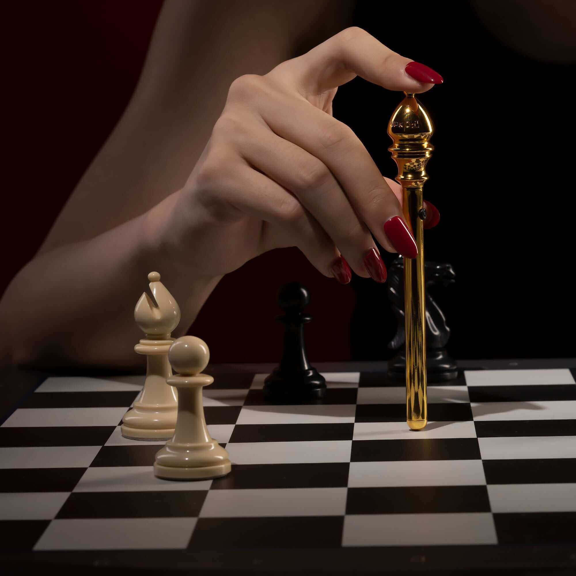 Hand with red nails holding a golden mini vibrator on a chessboard beside chess pieces from "The Chess" Collection.