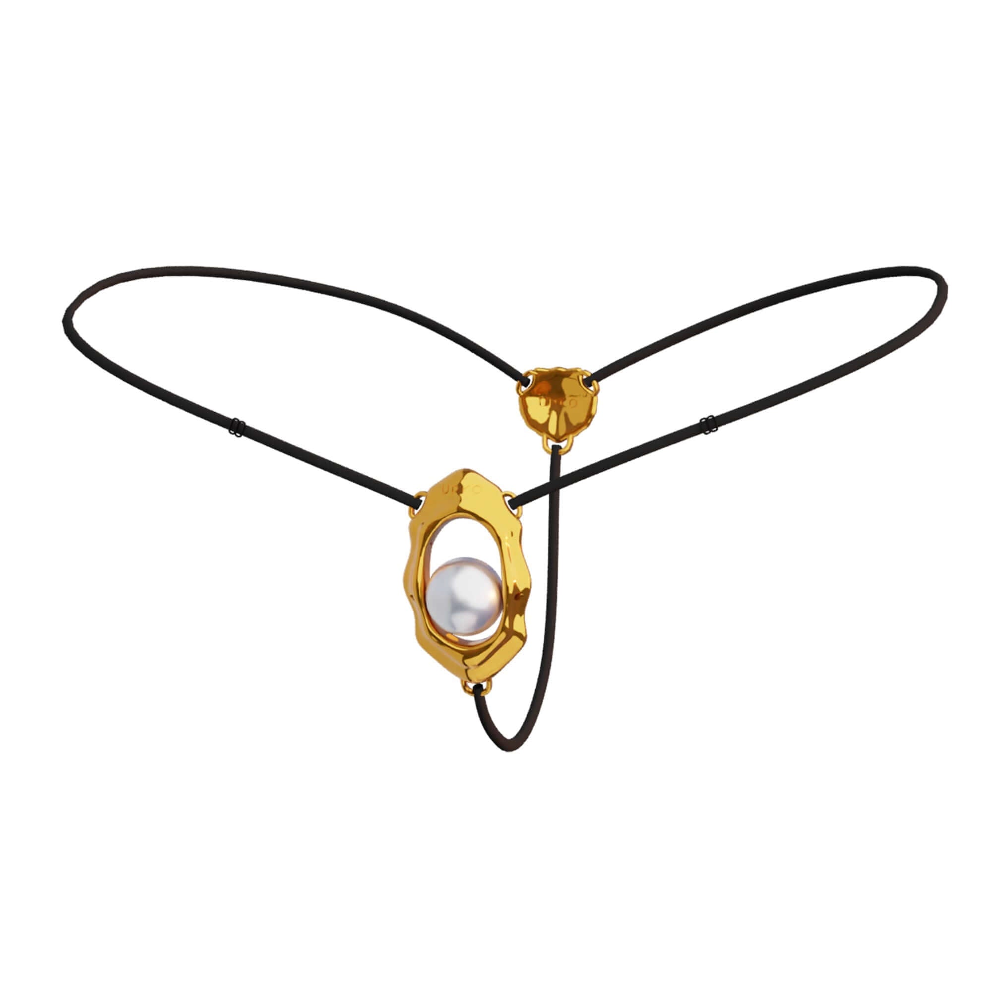 "Moist Eyes" G-string clitoral jewelry with bead stimulator featuring gold seashell design and pearl accent on black strap.