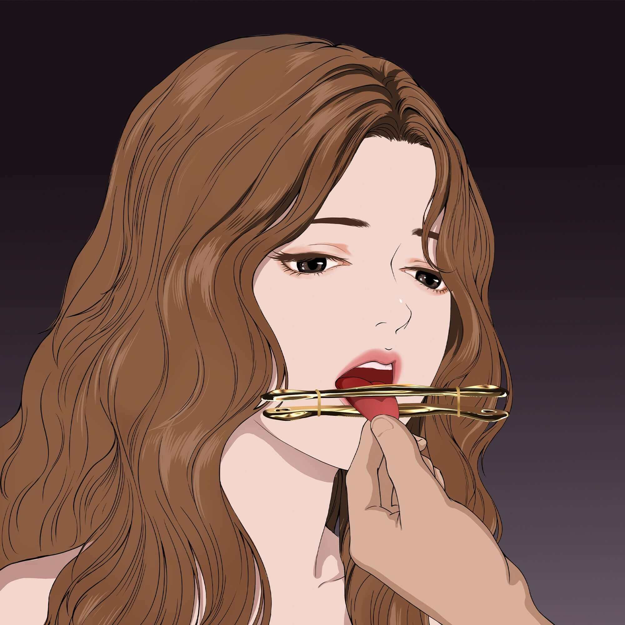 Woman with long hair having a multi-functional clamp applied to enhance sensation, showcasing its elegant design.