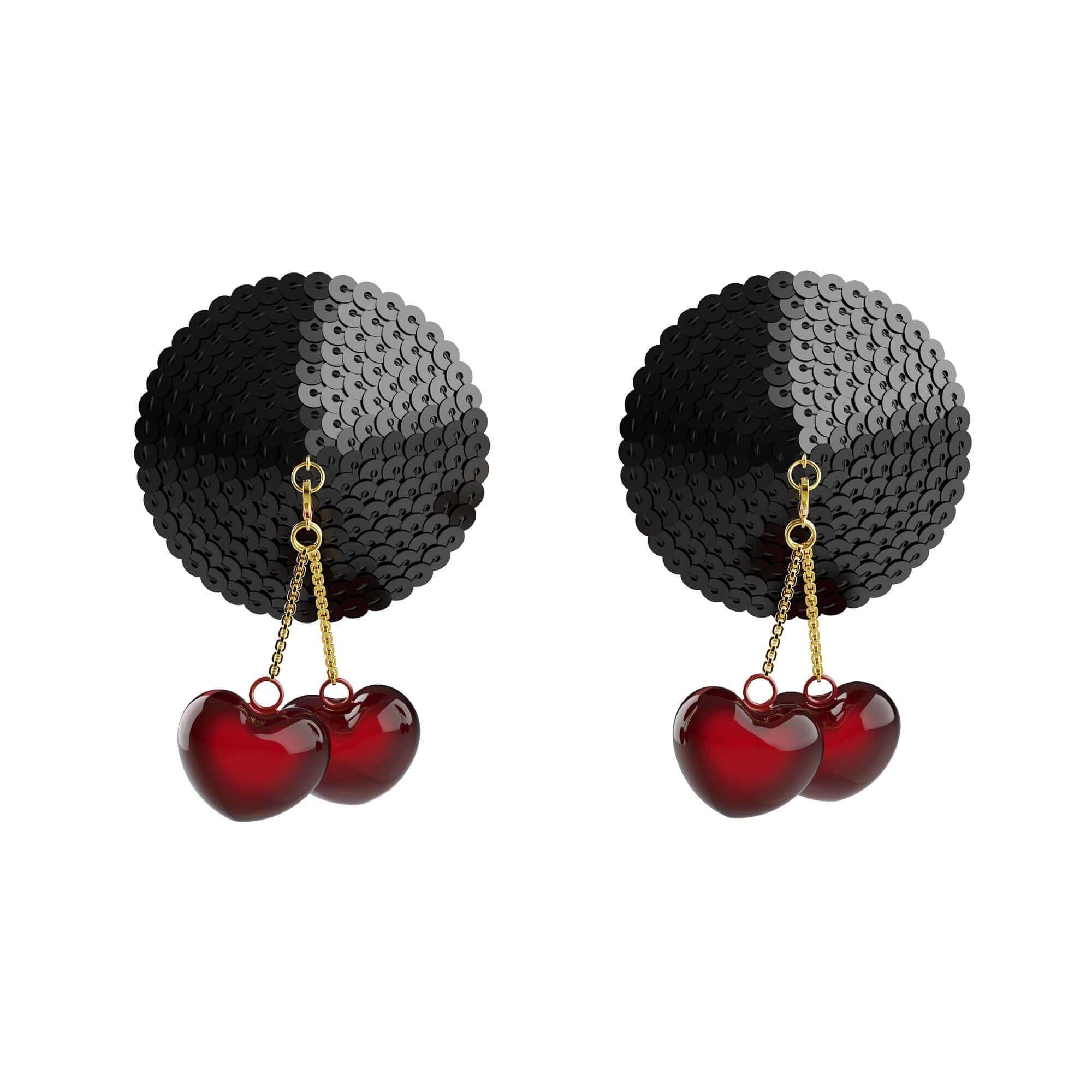 Black sequin nipple pasties with detachable red heart-shaped bells for a stylish and playful look.