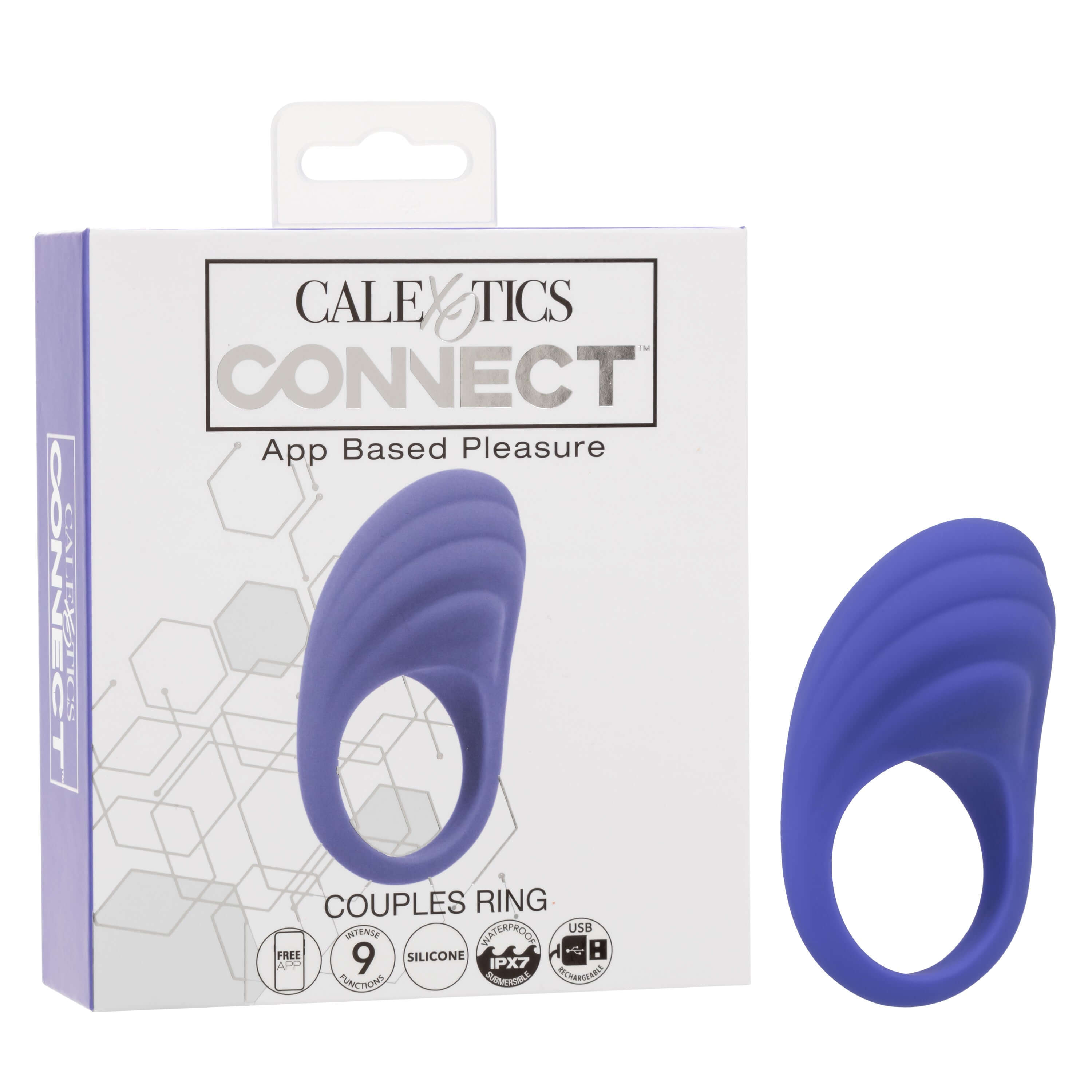 CalExotics Connect Couples Ring in periwinkle with app-based control packaging displayed, offering enhanced intimacy and sensuality for couples
