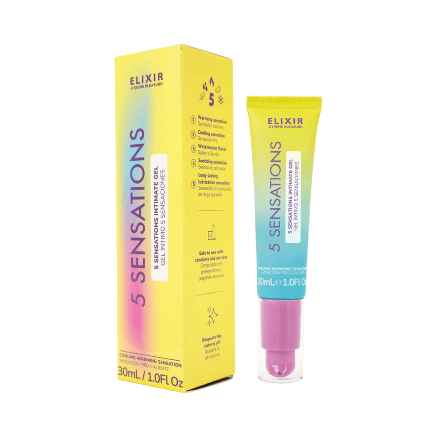 Elixir 5 Sensations Lubricant 30 ml packaging and tube showing cooling, warming, and long-lasting lubrication effects.