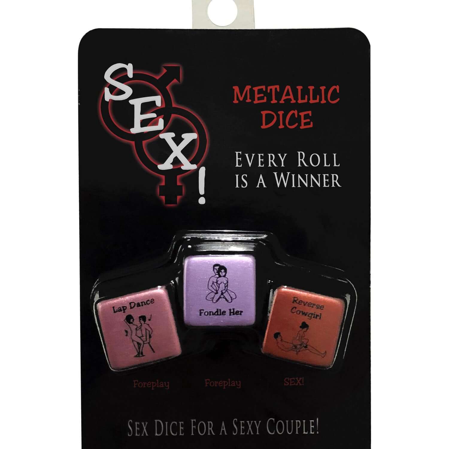 Metallic sex dice for couples featuring foreplay and sexplay actions like Lap Dance, Fondle Her, and Reverse Cowgirl.