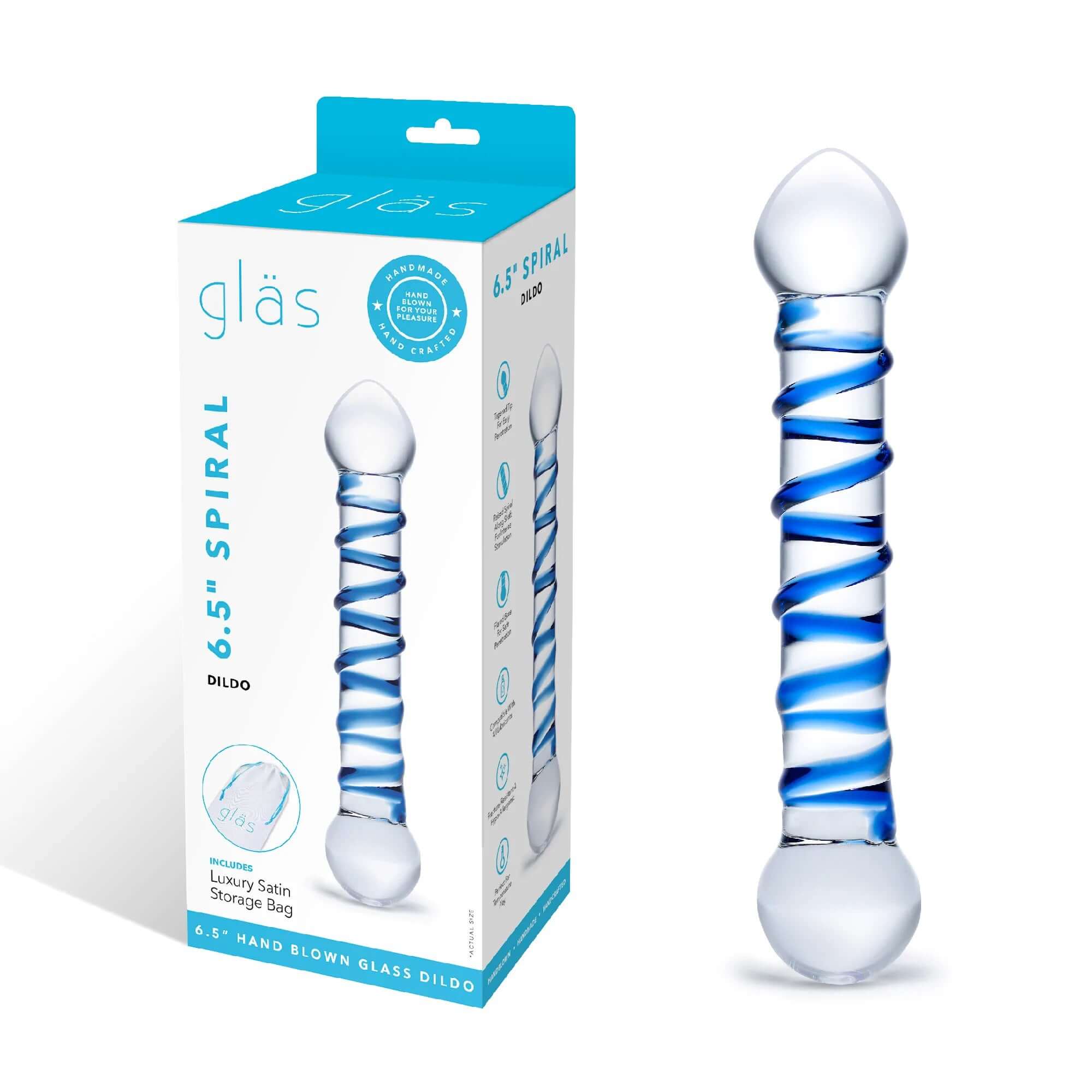 6.5" Spiral Glass Dildo with raised glass spirals and smooth teardrop tip alongside packaging box.