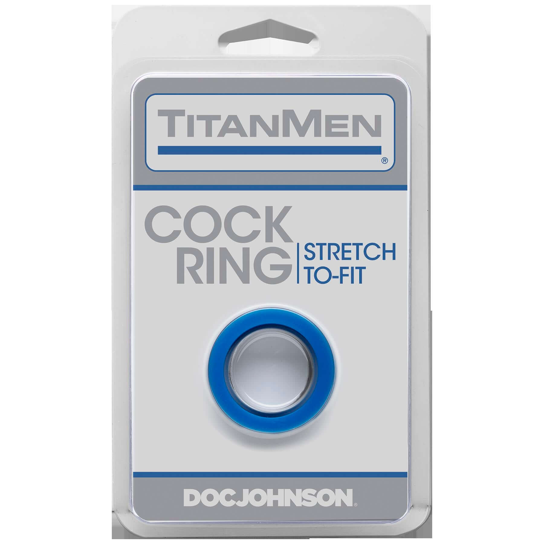 Titanmen Cock Ring Blue packaging featuring a stretch-to-fit enhancement ring for comfort and firmness.
