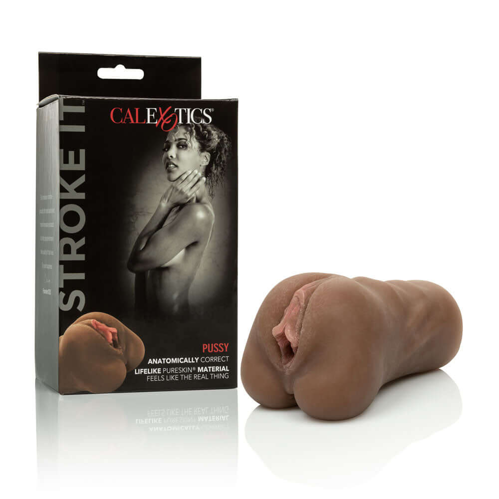 Stroke It Pussy Masturbator Brown with lifelike material design and packaging for realistic pleasure experience.