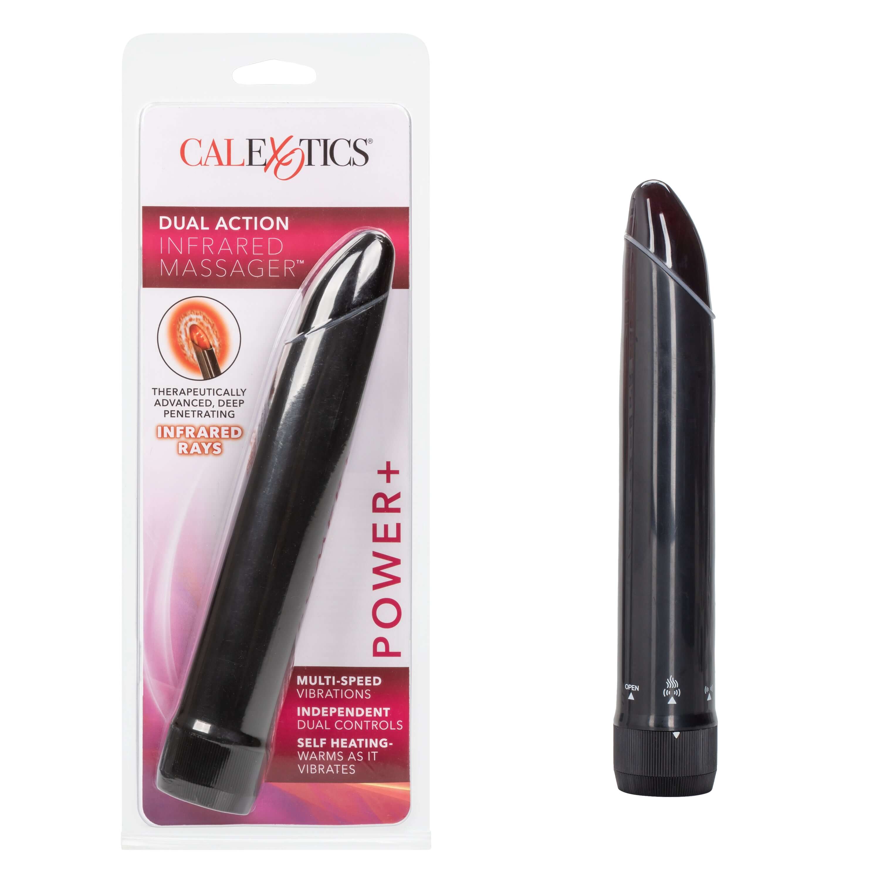Dual Action Infrared Massager Black in packaging with advanced infrared heat and vibration features for relaxation and pleasure.