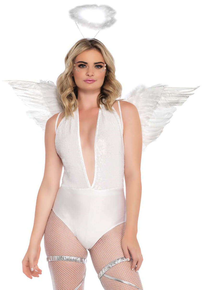 Woman wearing the Leg Avenue 2 Pc Angel Accessory Kit White with feather wings and halo headband.