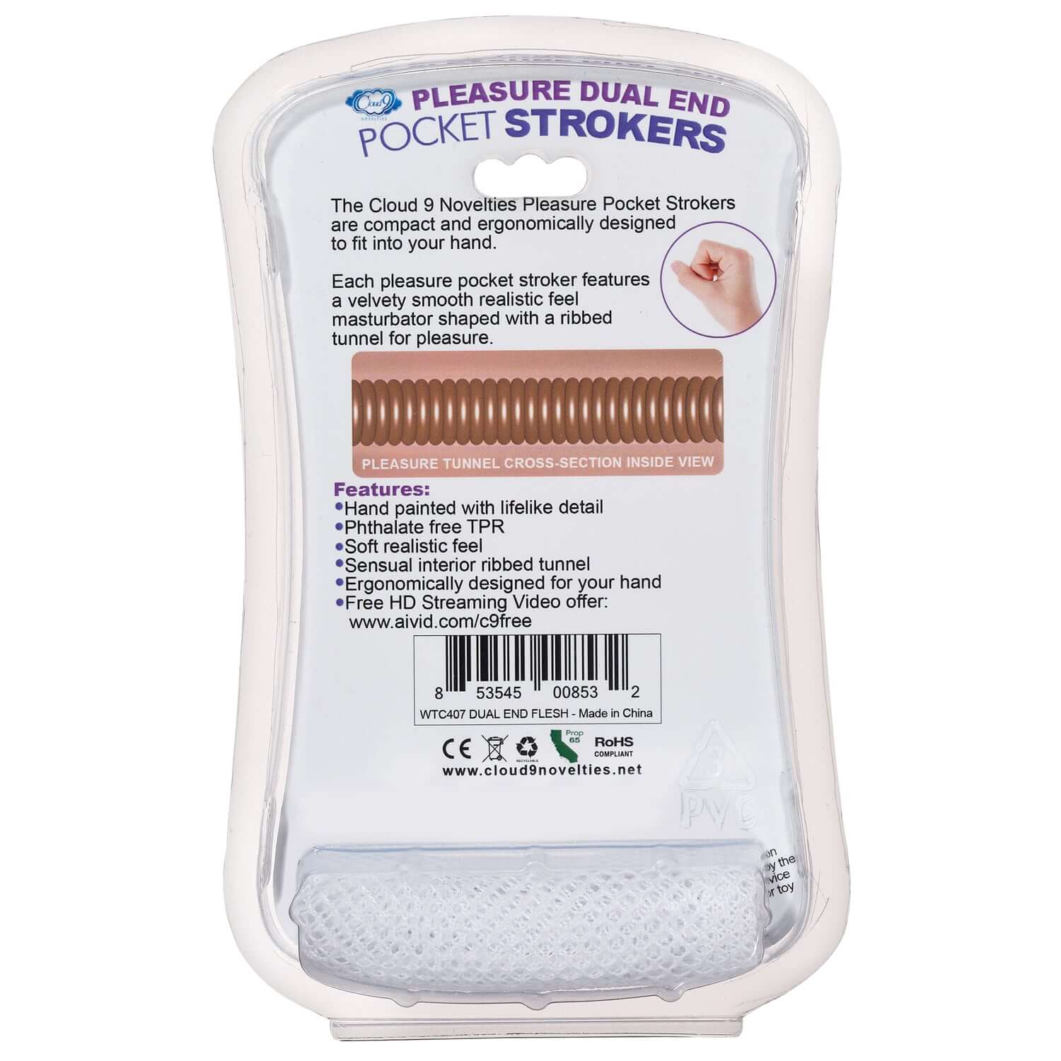 Packaging of Cloud 9 Novelties Personal Double Ended Beaded Stroker showing ergonomic design and ribbed tunnel features.