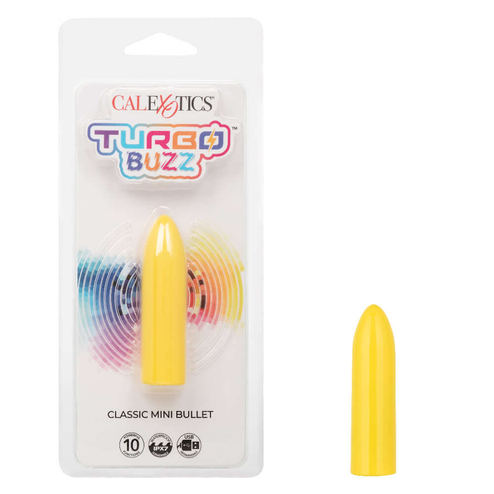 Turbo Buzz Classic Mini Bullet - Yellow, powerful vibrating stimulator with 10 functions, compact design in original packaging