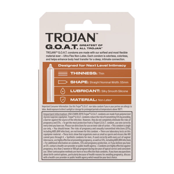 Trojan Goat Non-Latex Condoms 3 Pack packaging showing features like thinness and lubrication details.