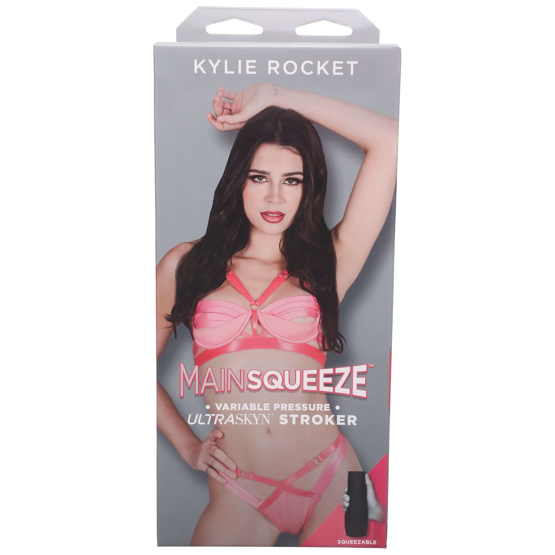 Main Squeeze Kylie Rocket ULTRASKYN Stroker packaging with model in pink lingerie