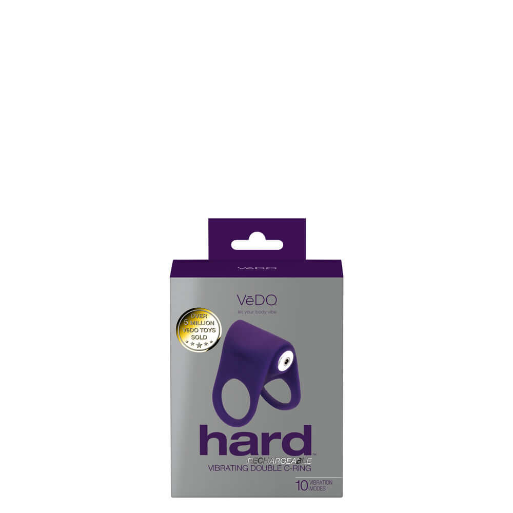 Vedo Hard Rechargeable Vibrating Double C-Ring in purple packaging with 10 vibration modes and stretchy silicone design