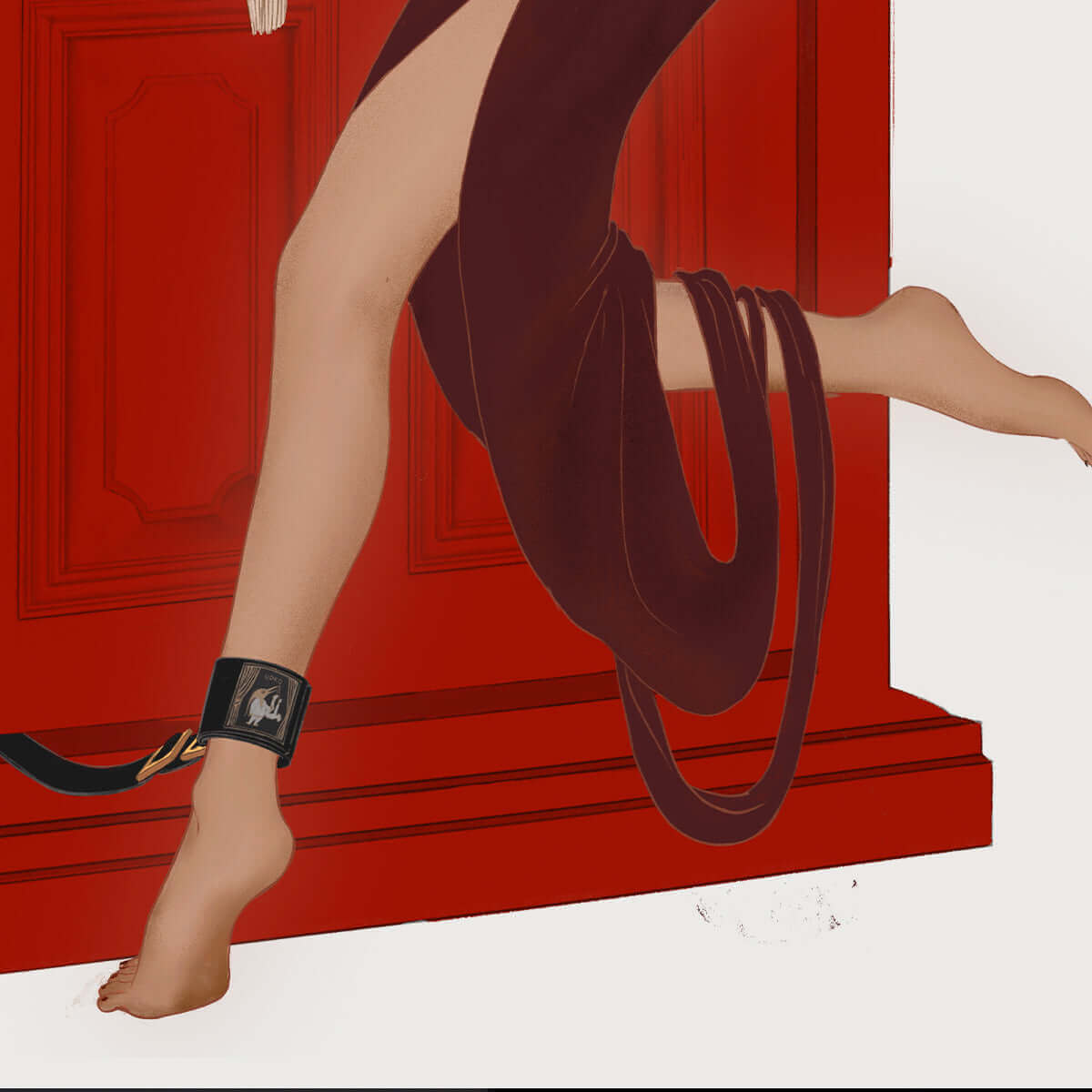Woman wearing UPKO under the door ankle restraints, showcasing black velvet cuffs and a seductive pose.