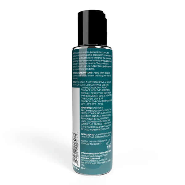 Dynamo Lube Silicone Formula 4.4 Oz back label with usage instructions and ingredients listed.