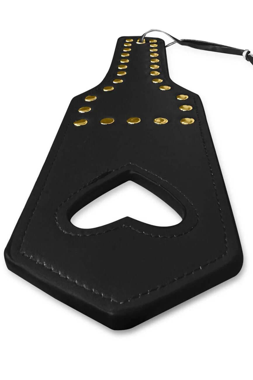 Mapale Heart Spanker Black featuring a stylish design with gold studs and a heart cutout for playful impact play.