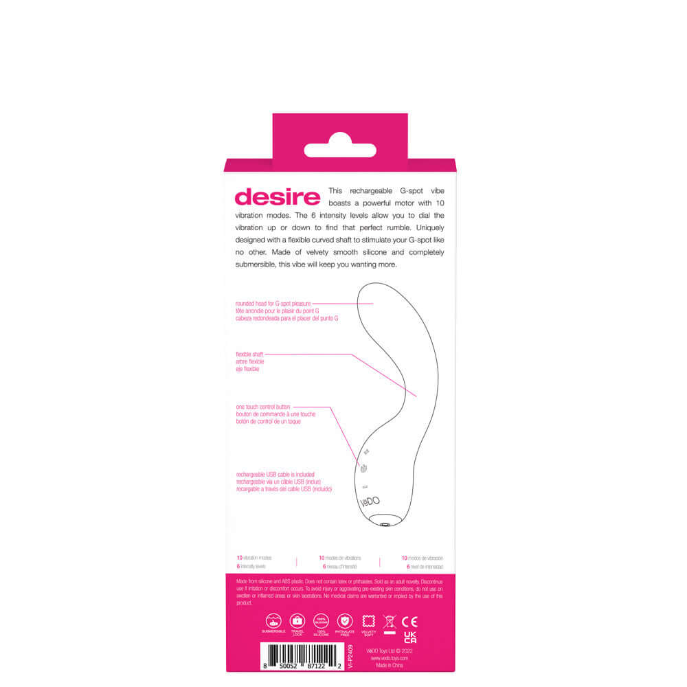Back of Vedo Desire Rechargeable G-Spot Vibe - Pink showing product features and description in packaging.
