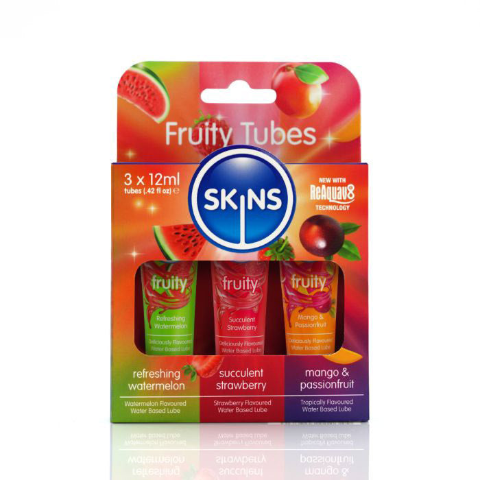 Skins Fruity Lubricants 12 ml Sampler 3 Pack featuring watermelon, strawberry, and mango flavors.