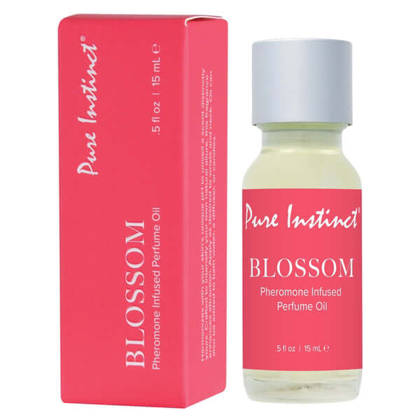 Pure Instinct Pheromone Perfume Oil Dropper Blossom 15 ml bottle and box packaging.