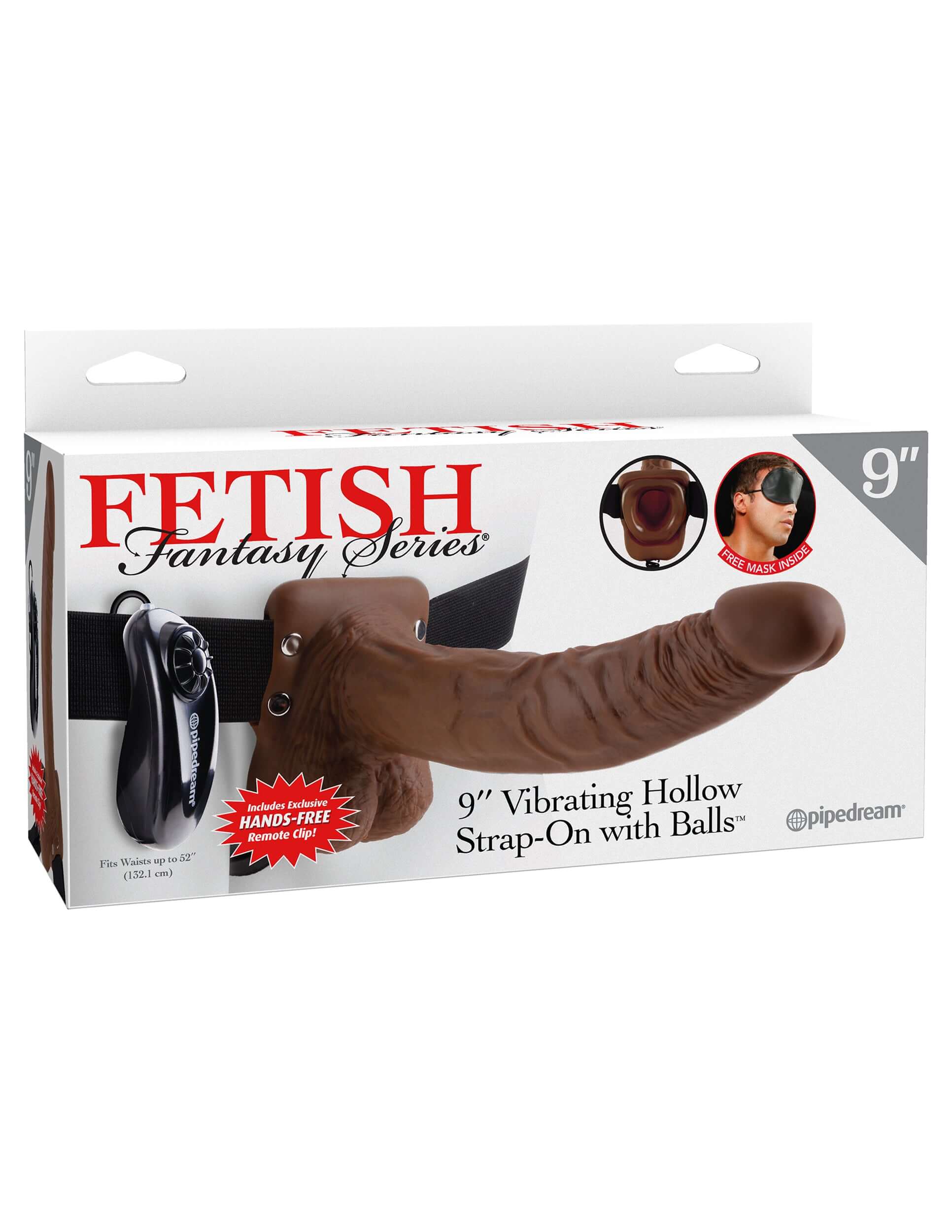 Fetish Fantasy 9 Inch Vibrating Hollow Strap-on Brown packaging showing design and features.