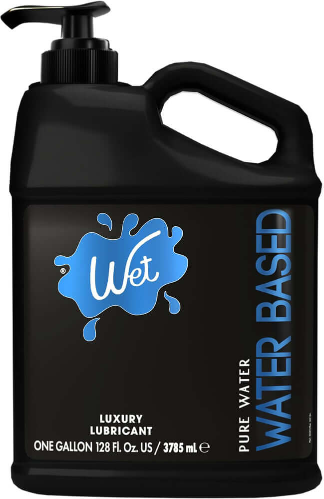 Wet Original Water Based Lubricant 128 Oz in a sleek black bottle with pump, labeled as a luxury water-based lubricant.