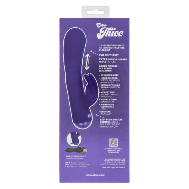 Extra Thicc Chubby Deep Thrust Bunny Vibrator Purple packaging with features and specifications.