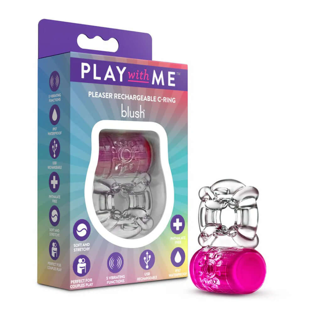 Play With Me Pleaser rechargeable C-ring in pink packaging, designed for enhanced pleasure with 5 vibration patterns.