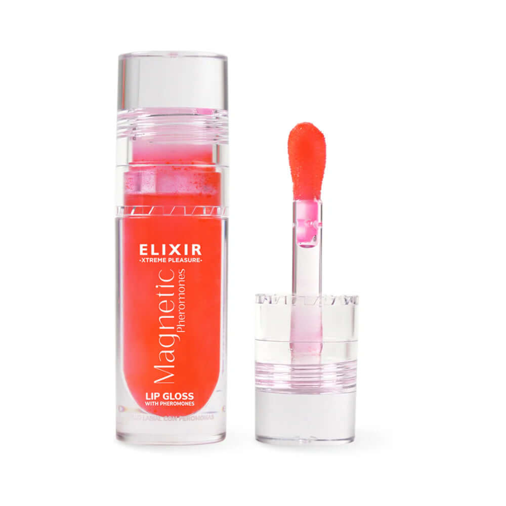 Elixir Magnetic Lip Gloss With Pheromones 5 ml in a clear tube with applicator, vibrant pink shade.