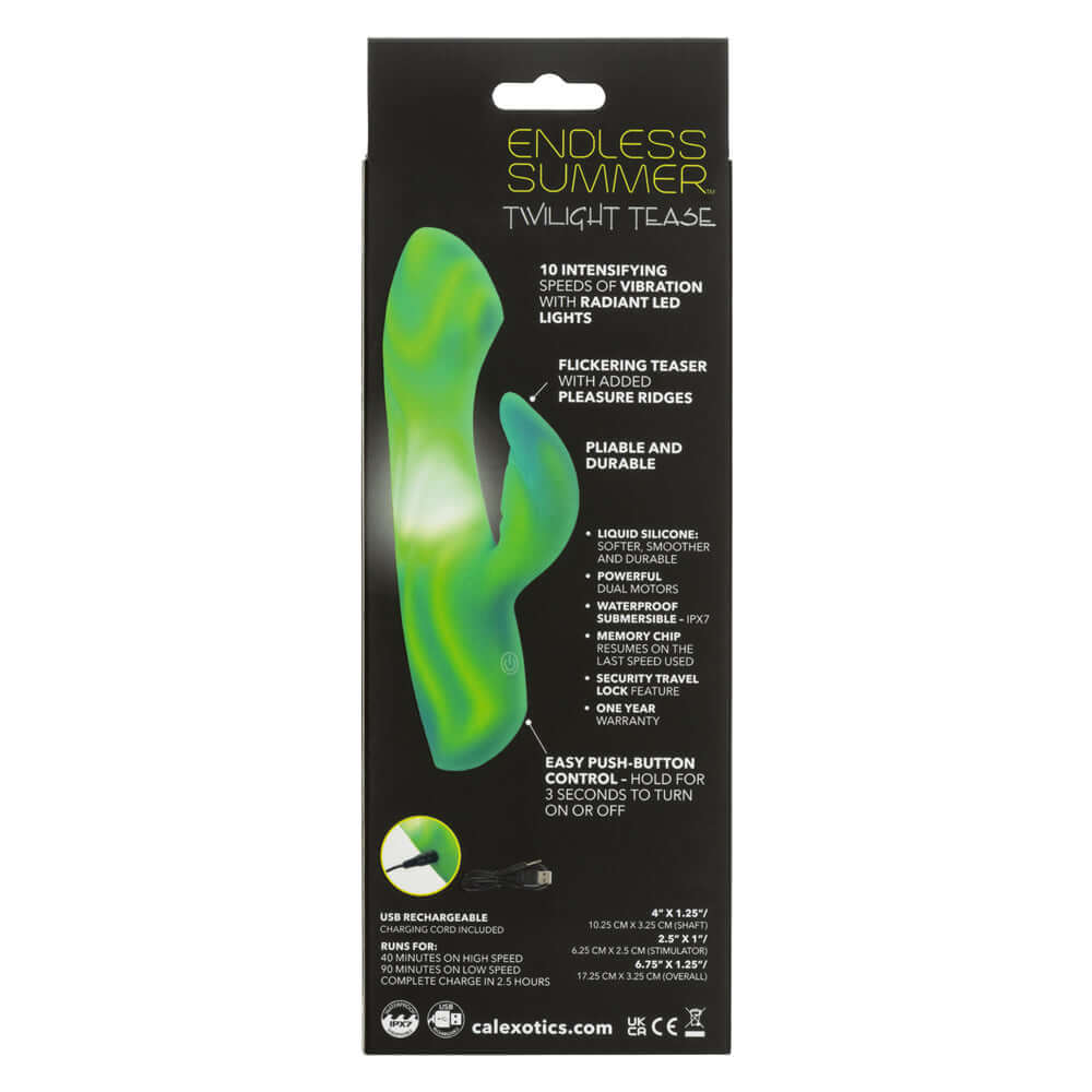Endless Summer Twilight Tease Vibrator Green packaging showing features and design details.