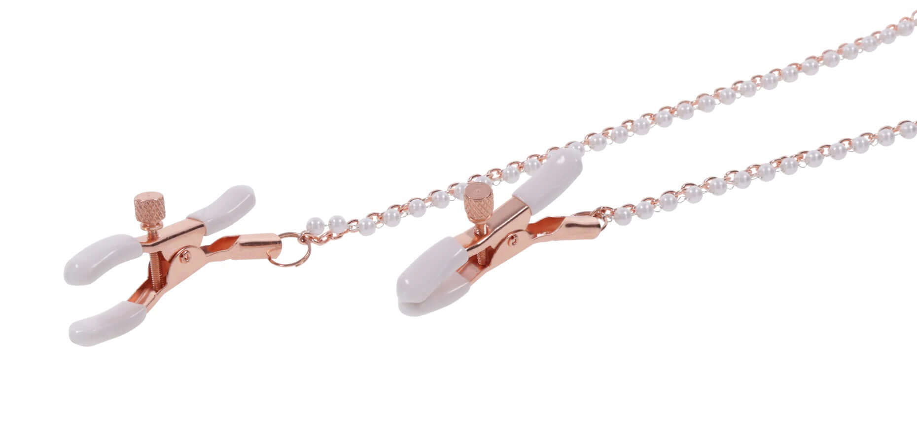 Peaches ‘N Creame collar with pink nipple clamps and rose gold hardware on white background