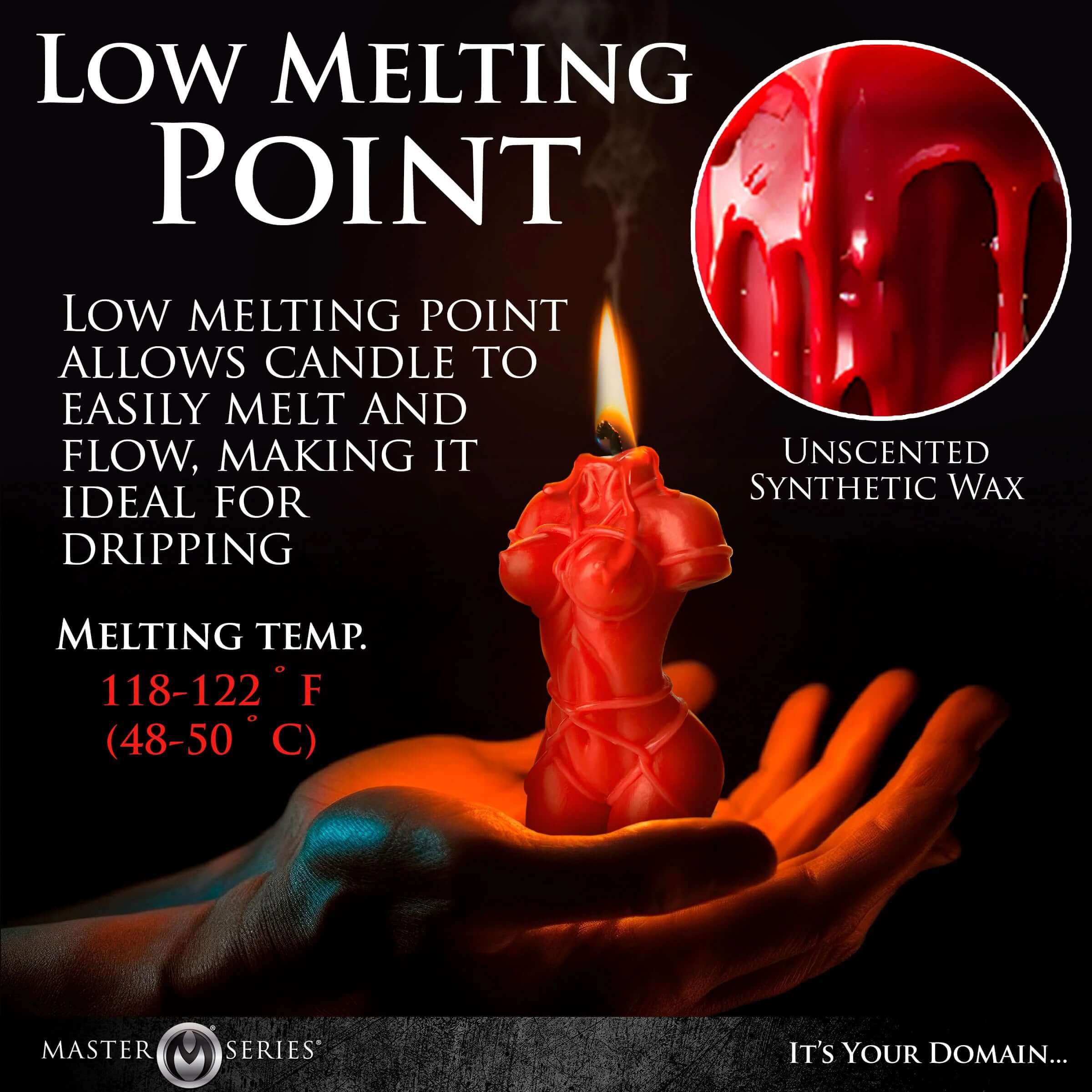 Low melting point red Bound Goddess Drip Candle held in hand, highlighting unscented synthetic wax properties and melting temperature.
