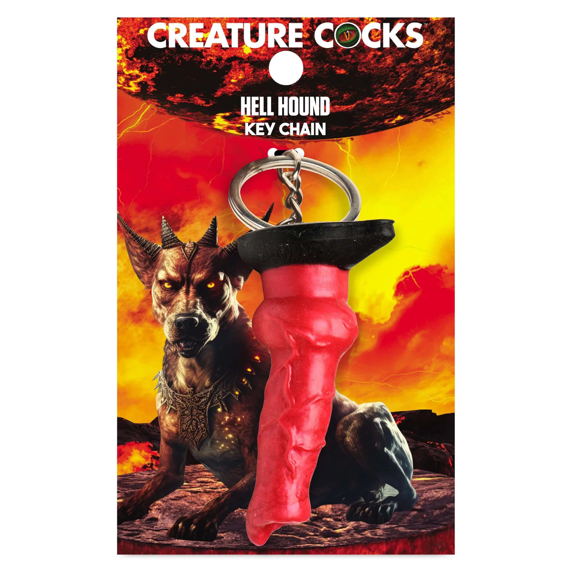 Hell Hound Keychain - Red with fantasy horned dog, set against fiery background, Creature Cocks branding, kinky and mythical theme.
